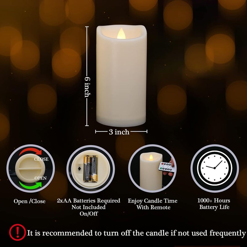 7LinRay Store Flickering Flameless Candles with Remote and Timers, Waterproof Outdoor Indoor Battery Operated LED Pillar Candles for Home Wedding Decor, Ivory Plastic, D3 X H6, 1 Pack - Image 2